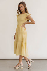 Cara Smocked Midi Dress in Yellow - FINAL SALE