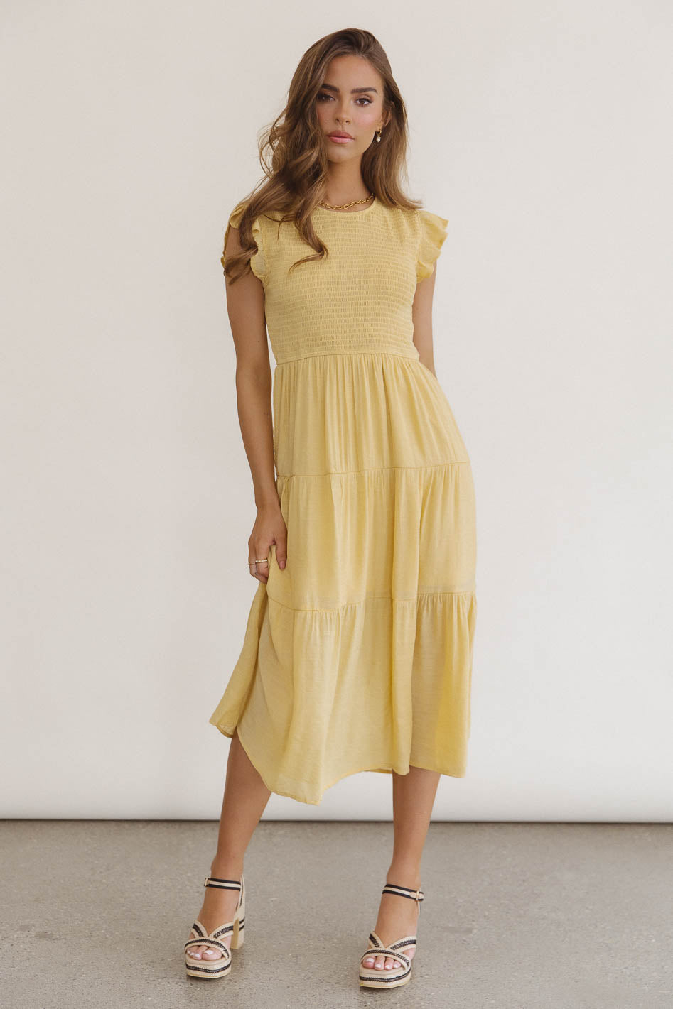 Cara Smocked Midi Dress in Yellow - FINAL SALE