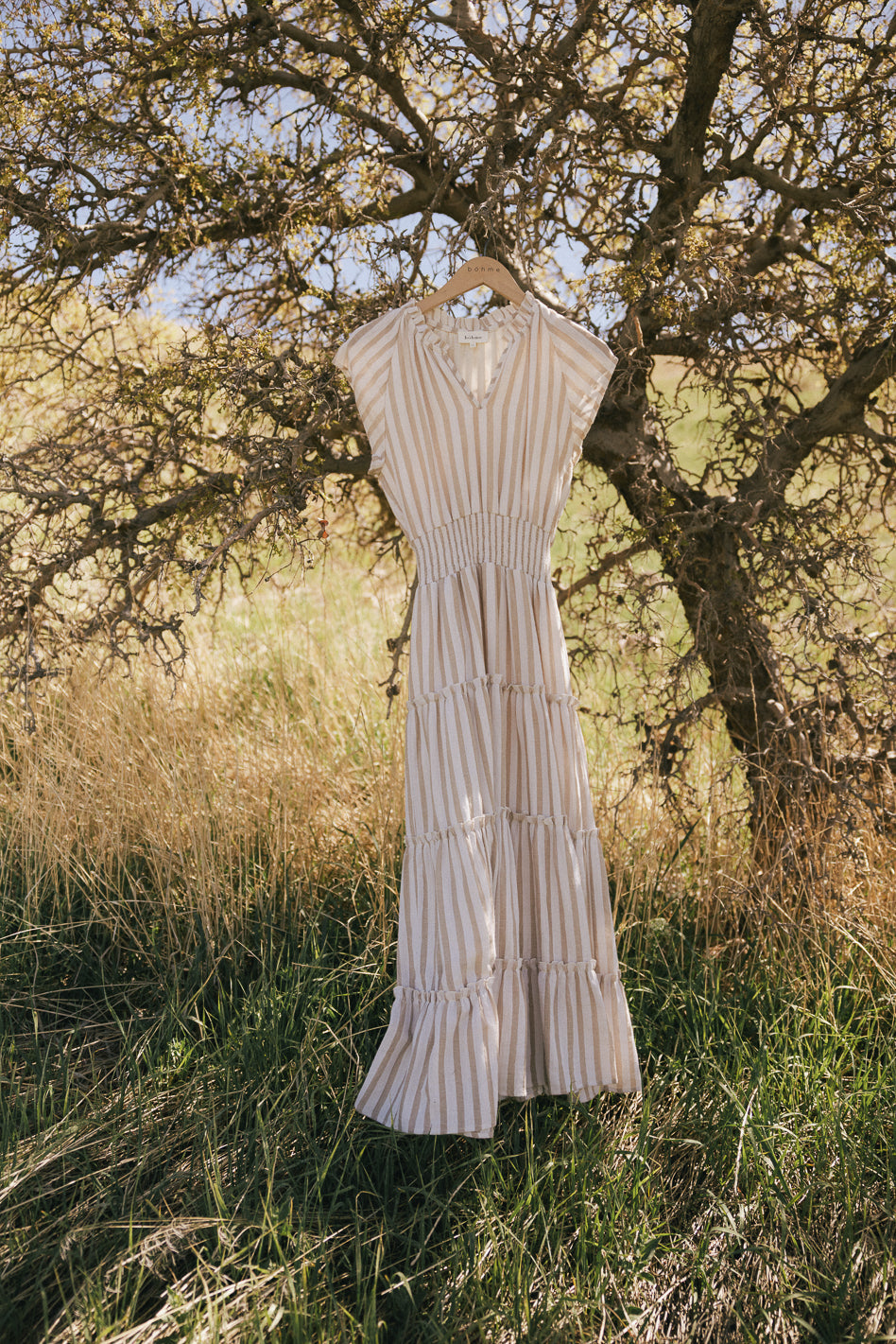 Claire Striped Maxi Dress in Taupe